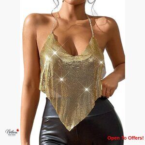 Metallic Sequin Halter Top Backless Crop Tank for Night Club Party